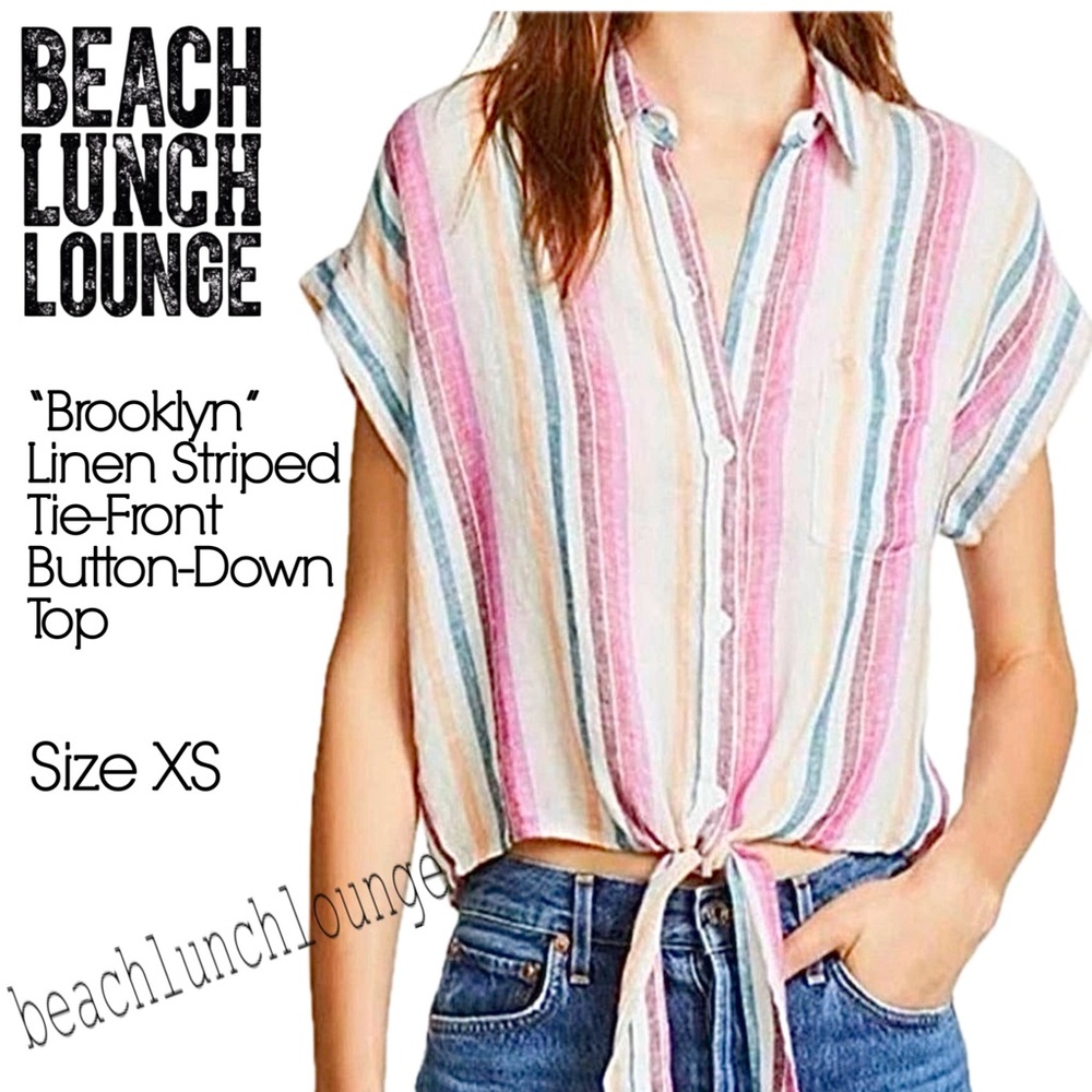 Beach Lunch Lounge Linen Rainbow Brooklyn Womens Stripe Tie-Front Button-DownTop - Picture 16 of 16
